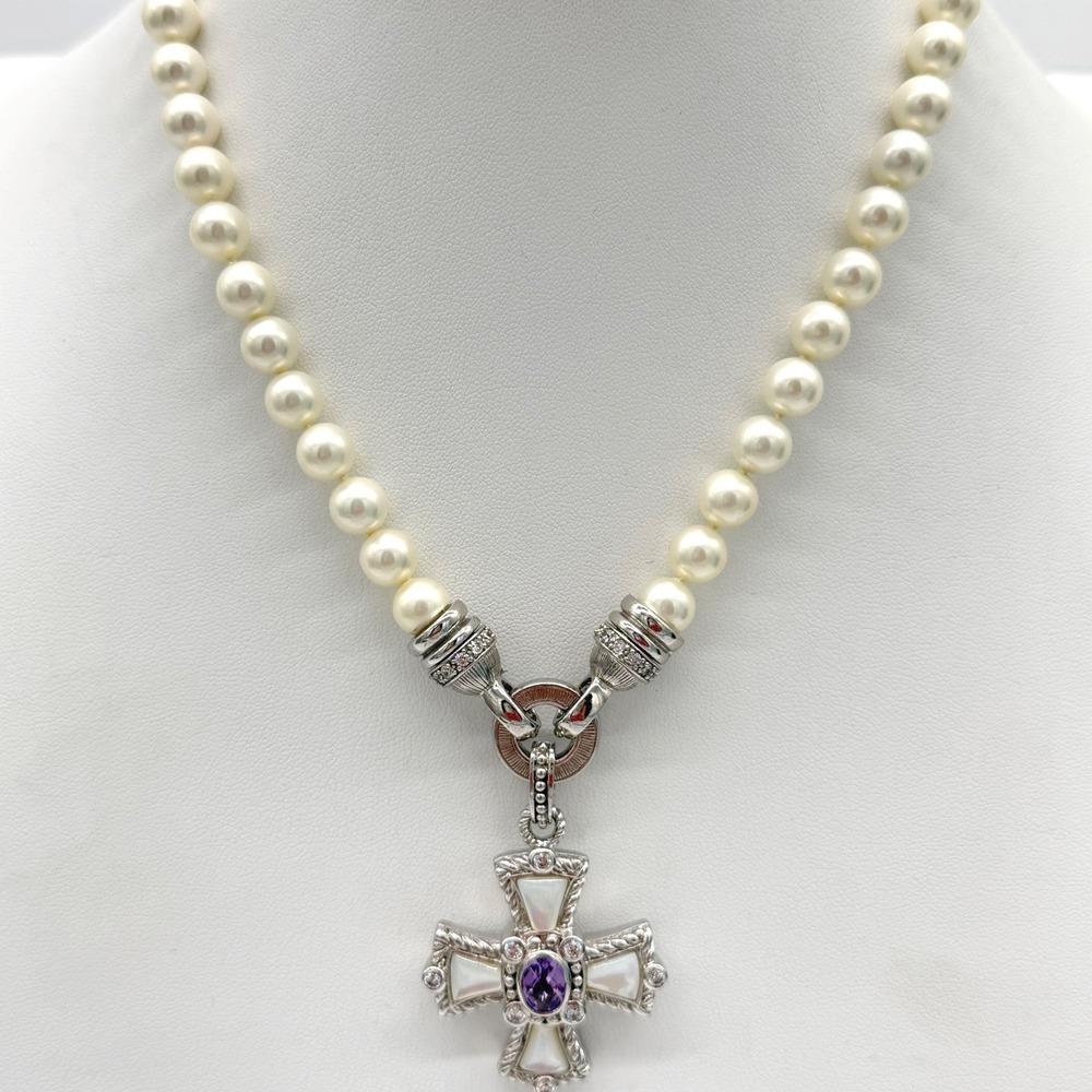 Judith Ripka Pearl Amethyst CZ Maltese Cross Necklace 18" Sterling 925 Faith